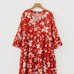 Boho Floral Lettuce Trim 3/4 Sleeve Mini Dress